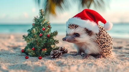 Hedgehog with santa hat on the beach with christmas tree 