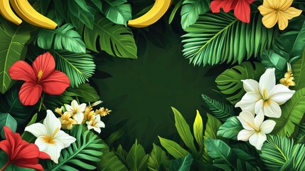 Tropical summer themed 2D cartoon greeting card featuring exotic flowers palm trees bananas and a circular frame of lush green monstera leaves