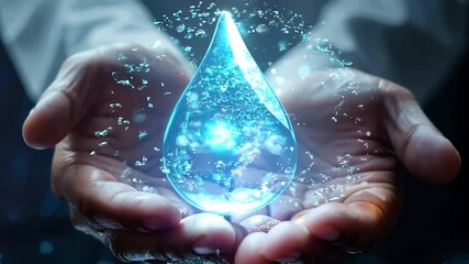 hands holding glowing water droplet surge representing purity and energy.