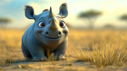 Wall Mural - A cute animated baby rhinoceros smiling in a grassy landscape under a sunny sky.