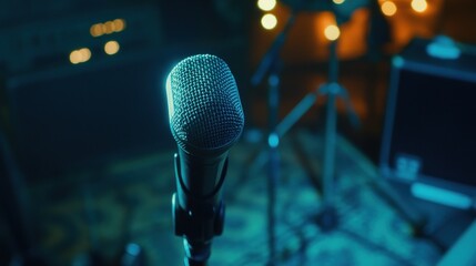 Canvas Print - A close-up of a microphone in a dimly lit setting, suggesting a music performance or recording.