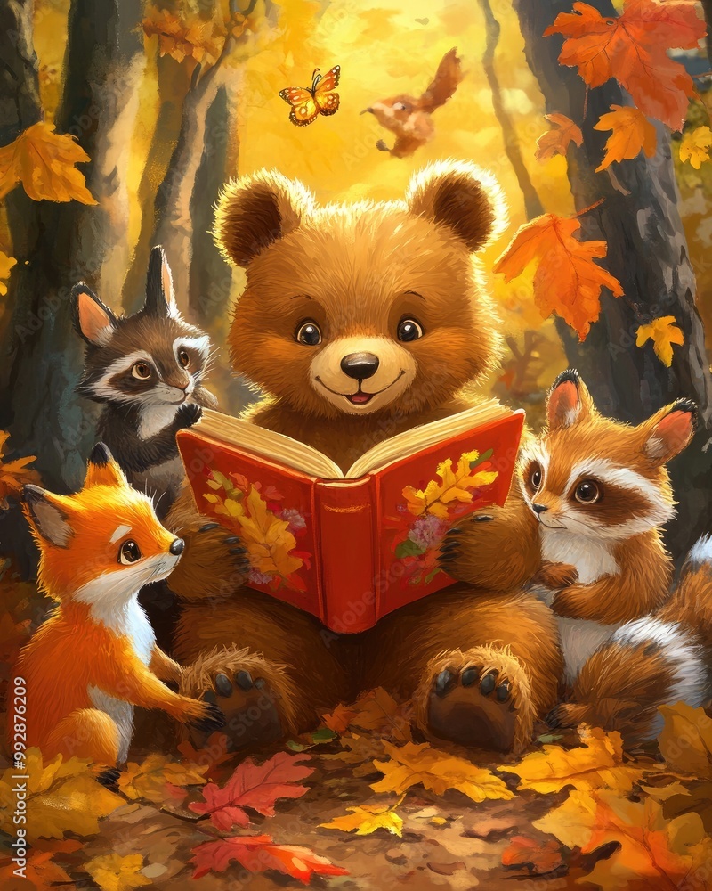 Adorable bear engaged in reading a book with forest animals like a fox ...