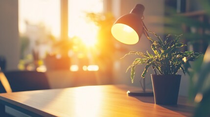 Canvas Print - A cozy workspace with a lamp and a potted plant, illuminated by warm sunlight.