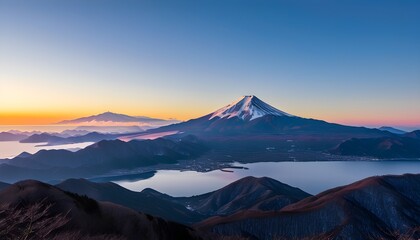 Stunning panorama of sunrise illuminating Mount Fuji against a clear dawn sky