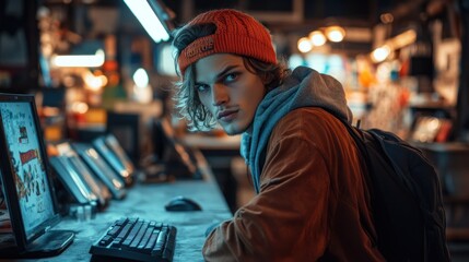 Wall Mural - A young man with curly hair and a beanie sits at a computer in a vibrant, busy environment.