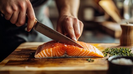 A chef uses a knife to cut a salmon fillet on a wooden table in a kitchen. The man is preparing the fish, which is a source of omega-3 fatty acids, as part of a healthy diet. 