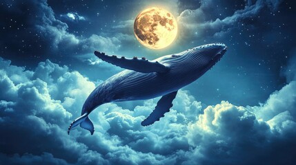 Surreal depiction of a humpback whale leaping through clouds towards a shining moon created in a 3D illustration