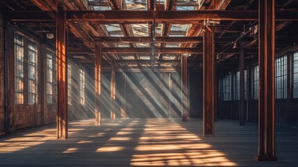 Sticker - An empty industrial space with beams and sunlight creating dramatic shadows.