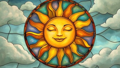 Fantasy illustration in stained glass style featuring a whimsical sun with a face against a backdrop of sky and clouds in an oval format