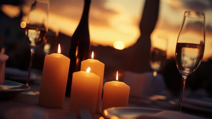 Poster - A romantic dinner setting with candles, wine, and a sunset backdrop.