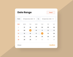 Modern minimalist calendar or date range selector web and mobile ui element