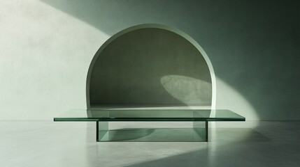 Sticker - A minimalist glass table in a softly lit, curved alcove showcasing modern design.