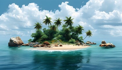 Tropical paradise island with sandy beach, palm trees, rocky shoreline, and dramatic clouds over the serene ocean waters