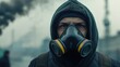 © CreativeBro - Individual safeguarding against hazardous air pollution chemical spills and toxic emissions with a protective gas mask in an ecological disaster scenario