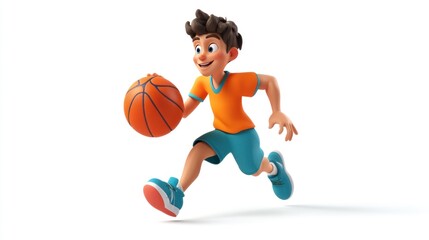 Poster - A cheerful cartoon boy dribbles a basketball while running.