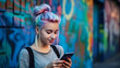 © tetxu - hipster teen girl with mobile phone with graffiti background