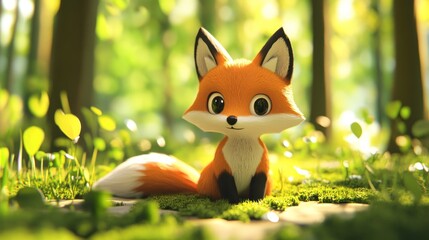 A cute animated fox sitting in a lush, green forest with soft lighting.