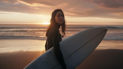 Surfer gazing at sunset on serene beach while holding surfboard in golden light. Generative AI