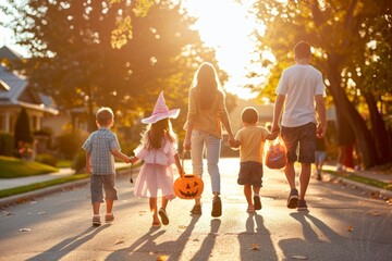 A family walks down a street during Halloween, with children dressed in costumes, including a witch and dragon. The soft evening light creates a warm