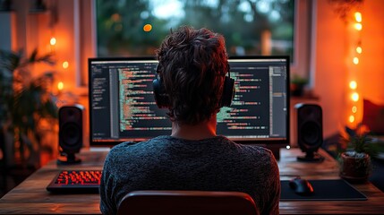 A programmer engages in website design and coding technologies, focusing on software development in a modern tech environment.