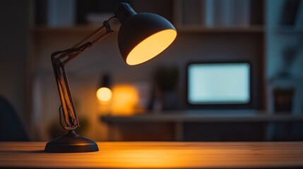 A desk lamp illuminates a workspace, creating a cozy atmosphere for productivity.