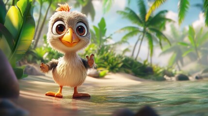 Poster - A cute cartoon bird stands by a tropical beach, surrounded by lush greenery and water.