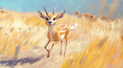 Wall Mural - A joyful animated deer running through a vibrant, grassy landscape.