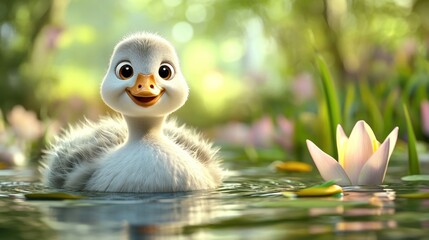 Poster - A cheerful duckling swimming in a serene pond surrounded by flowers and greenery.