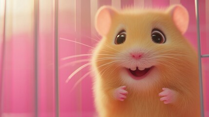 Wall Mural - A cute, smiling hamster in a cage, radiating joy and playfulness.