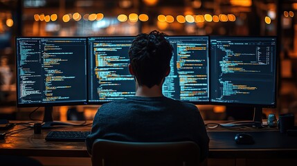 A software engineer codes big data applications, focusing on data exchange and the global digital network.