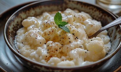 Poster - Creamy cauliflower with a sprinkle of black pepper and a sprig of mint. AI.