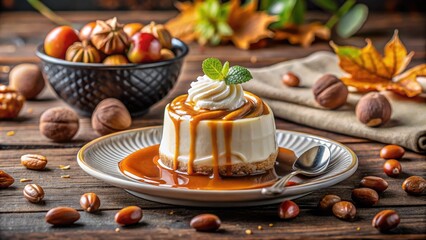 Canvas Print -  A chestnut dessert topped with whipped cream and caramel drizzle, garnished with pecans, star anise, and a mint sprig on a wooden table.