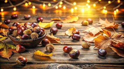 Chestnuts scattered on a rustic wooden table surrounded by autumn leaves and warm string lights.