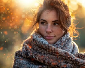 Wall Mural - Woman wrapped in a blanket, enjoying the warm sun. AI.