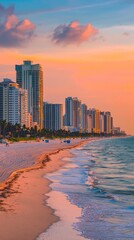 Coastal Florida cityscape with buildings along sandy beach at sunset