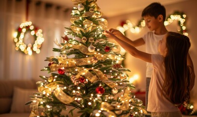 Wall Mural - A young girl and boy decorate a Christmas tree together. AI.