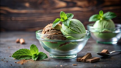 Wall Mural - Mint chocolate ice cream scoops in a glass bowl, garnished with fresh mint leaves and chocolate accents.