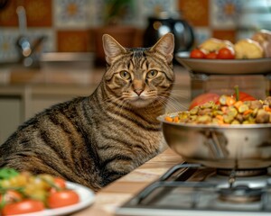 Wall Mural - A tabby cat watches food cooking on the stove. AI.