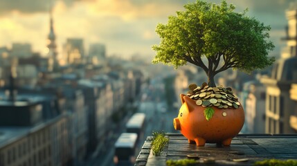 A tree grows from a piggy bank filled with coins, representing financial growth, set against the backdrop of a city with a bus passing by. No logo, no people.