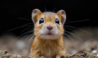 Poster - A small rodent with big eyes and long whiskers looks directly at the camera. AI.