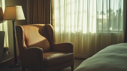 Wall Mural - A cozy hotel room featuring a warm armchair beside a window with soft light.