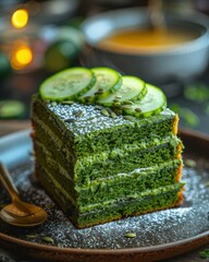 Canvas Print - Green cake with cucumber slices and powdered sugar. AI.