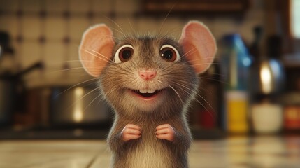 Sticker - A cheerful cartoon mouse with large eyes and a friendly smile, set in a cozy kitchen.