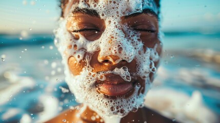 Wall Mural - A close-up of a person's face covered in bubbles. AI.