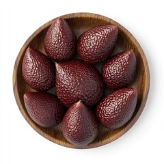 Canvas Print - A wooden bowl filled with ripe, dark red avocados arranged neatly.