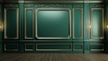 green empty room with classic wall panels frames. Studio mockup with dark modern luxury design. frame on the wall