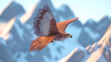 Canvas Print - A stylized hawk soaring over snow-capped mountains in a serene landscape.