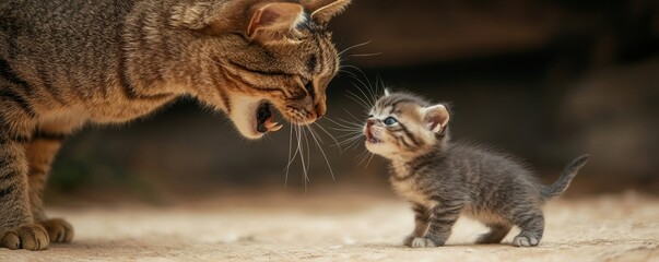 A close interaction between an adult cat and a kitten, showcasing their bond and communication in a playful moment.