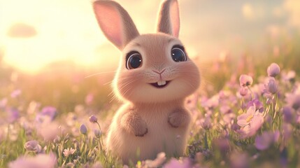 Wall Mural - A cute rabbit sits in a field of flowers, exuding joy and innocence in a serene setting.