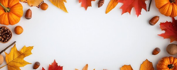 A vibrant autumn-themed arrangement featuring pumpkins, colorful leaves, and acorns on a wooden background, perfect for seasonal decor or celebration.